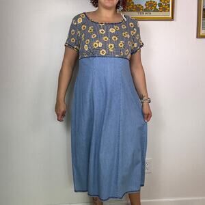 Vintage 90s Chorus Line sunflower denim midi dress size Large